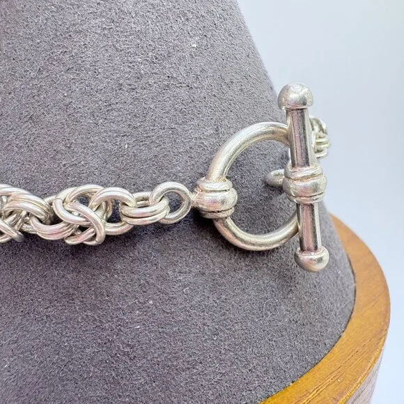 Interlocking Link Chain Bracelet Toggle Clasp Sterling Silver 925 Size 8 Length
